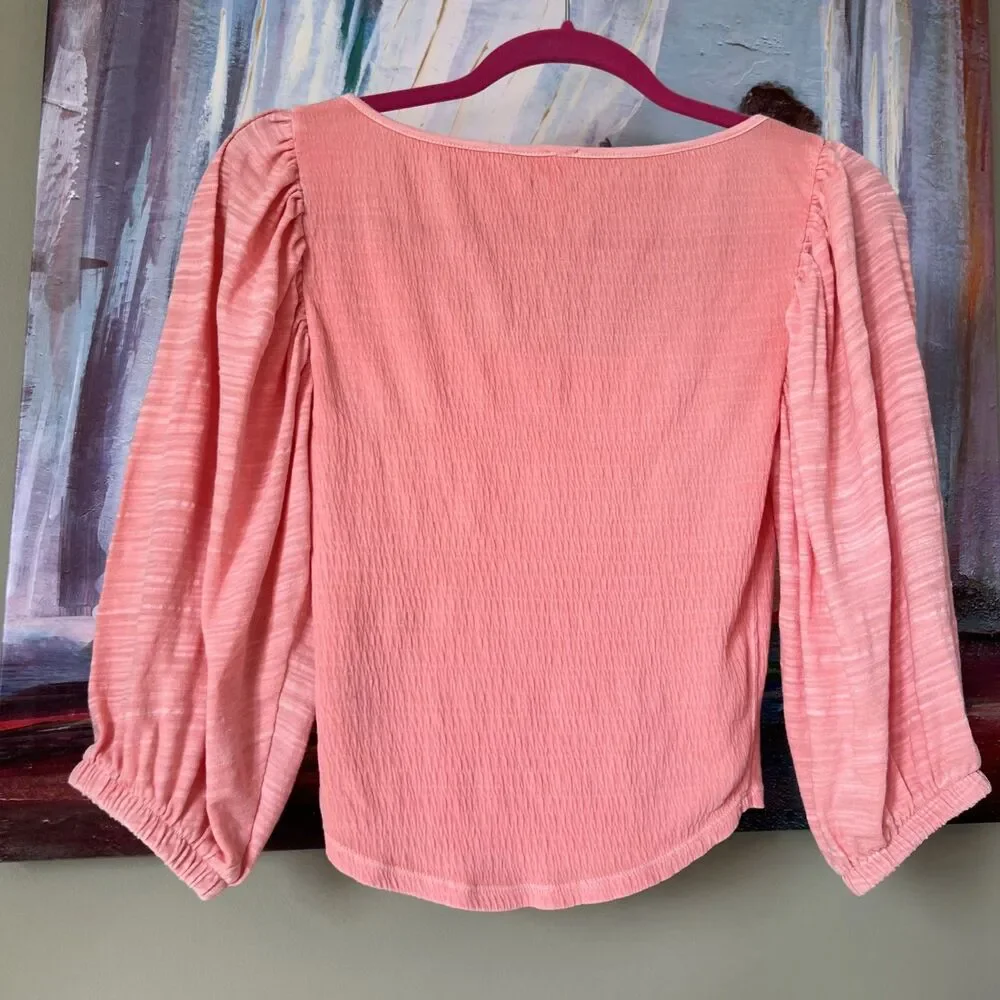 Free People Day Lily Puff Sleeve Blouse Top Women's Size S Coral Pink Boho